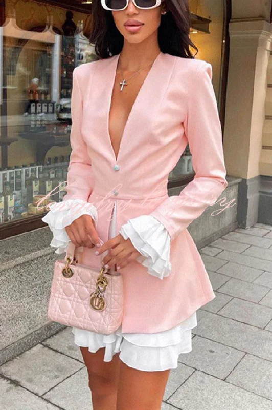 Sherna V-neck Ruffled Patchwork Button Up Long Sleeve Mini Dress Elegant Lace Mini Dress Sherna V-neck Ruffled Patchwork Button Up Long Sleeve Mini Dress Elegant Lace Mini Dress
