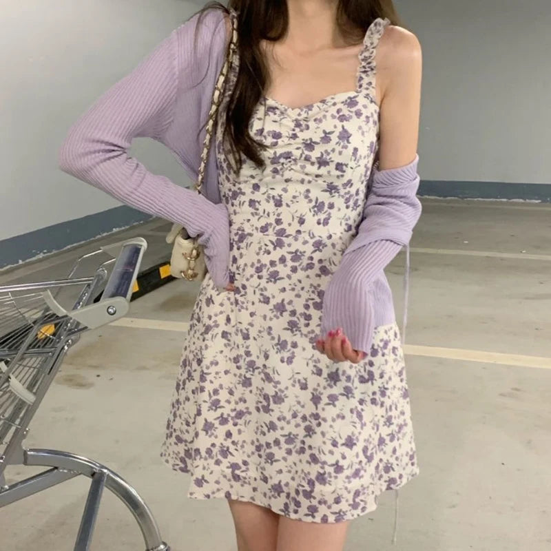 Summer Floral Two-Piece Mini Dress with Cardigan Stylish Sweetheart Mini Dress