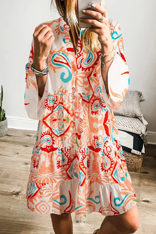 Tribal Bracelet Sleeve Buttoned Mini Dress Comfortable Boho Mini Dress