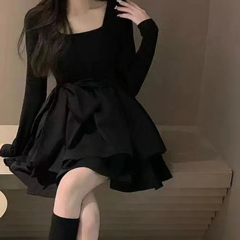 Winter Outfits Patchwork Square Collar Dress Black Puffy Mini Dress Elegant Velvet Mini Dress Winter Outfits Patchwork Square Collar Dress Black Puffy Mini Dress Elegant Velvet Mini Dress