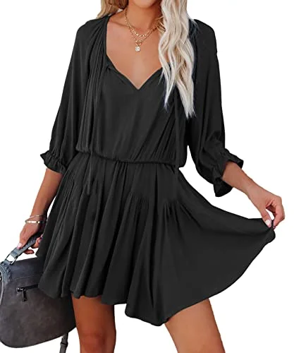 Women Casual Summer Dresses Ruffle 3/4 Sleeve Tie V Neck High Solid Soft Cute Short Flowy A-Line Mini Dress | Original Brand Cozy Sweater Mini Dress