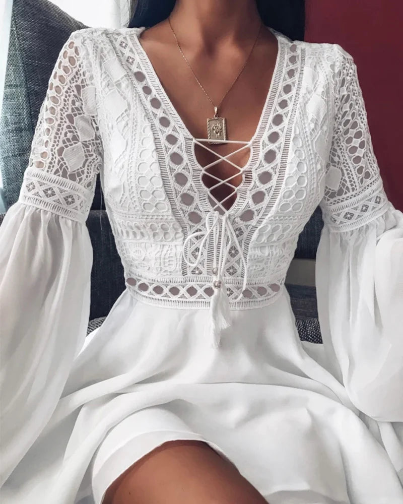 Women's A Line Dress Short Mini Dress White Black Red Long Sleeve Solid Color Ruffle Patchwork Chiffon Spring Summer Slim V Neck Casual Button-Up Mini Dress Women's A Line Dress Short Mini Dress White Black Red Long Sleeve Solid Color Ruffle Patchwork Chiffon Spring Summer Slim V Neck Casual Button-Up Mini Dress