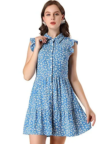 Women's Daisy Button Down Gathering Ruffled Flare Sleeve Mini Dress | Original Brand Cozy Cowl Neck Mini Dress Women's Daisy Button Down Gathering Ruffled Flare Sleeve Mini Dress | Original Brand Cozy Cowl Neck Mini Dress