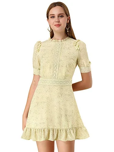 Women's Dots Fit and Flare Ruffle Hem Floral Lace Inset Mini Dress | Original Brand Cozy Satin Mini Dress Women's Dots Fit and Flare Ruffle Hem Floral Lace Inset Mini Dress | Original Brand Cozy Satin Mini Dress
