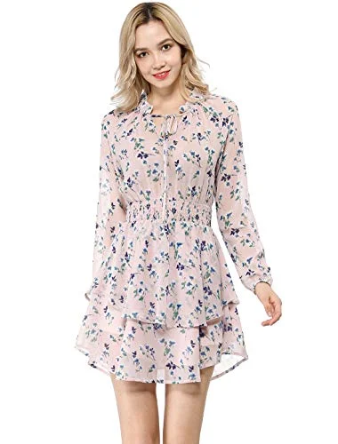 Women's Floral Smocked Tie Neck Layered Chiffon Mini Dress | Original Brand Fashionable Summer Mini Dress Women's Floral Smocked Tie Neck Layered Chiffon Mini Dress | Original Brand Fashionable Summer Mini Dress