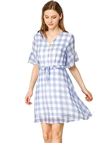 Women's Plaid Checkered Flutter Sleeve V-Neck Mini Dress | Original Brand Comfortable Zip-Up Mini Dress Women's Plaid Checkered Flutter Sleeve V-Neck Mini Dress | Original Brand Comfortable Zip-Up Mini Dress