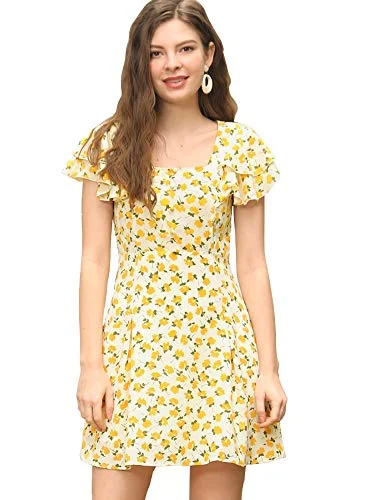 Women's Ruffled-Sleeve Square Neck Pleated Front Floral Mini Dress | Original Brand Trendy A-Line Mini Dress Women's Ruffled-Sleeve Square Neck Pleated Front Floral Mini Dress | Original Brand Trendy A-Line Mini Dress