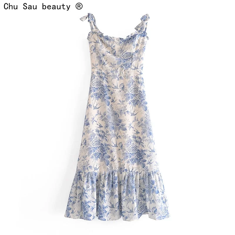 French Vintage Printed Ruffle Camisole Dress