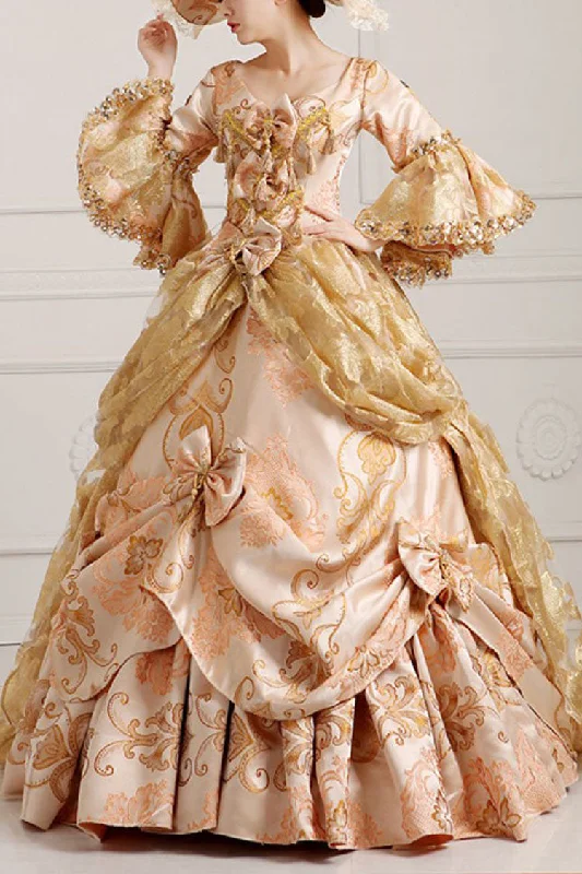 Beige/Golden Trumpet Sleeves High Waisted Embroidery Print Bowknot Multi-Layer Victorian Lolita Prom Dress