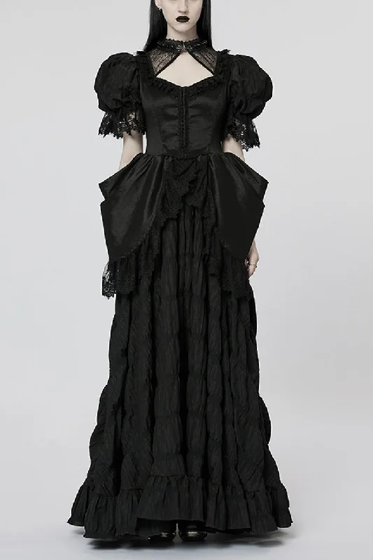 Black Short Puff Sleeves Ruffle Hanayome Stitching Lace Women's Gothic Dress
