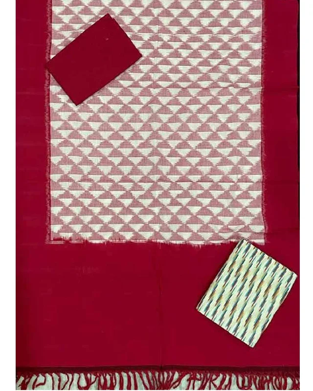 DOUBLE IKKAT WHITE WITH RED COLOR DRESS MATERIAL -C69