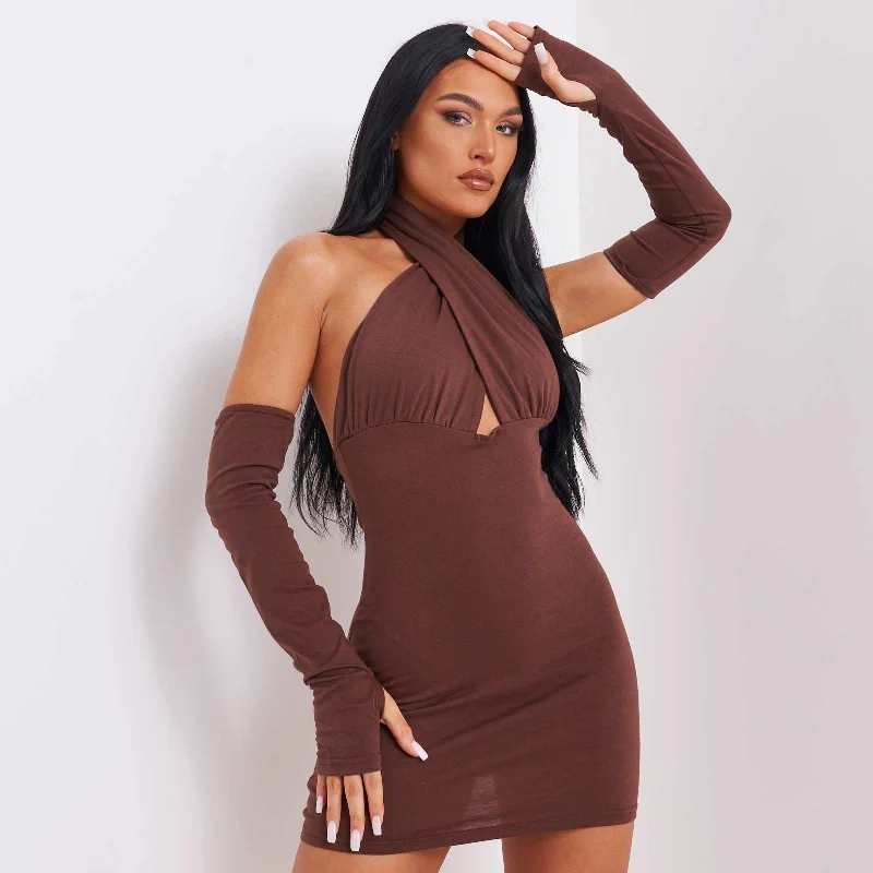 Halter Neck Sleeve Dress In Brown