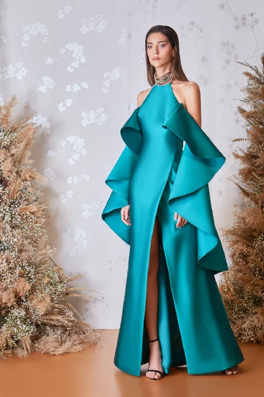 Ruffled cape sleeves jeweled neck A line dress