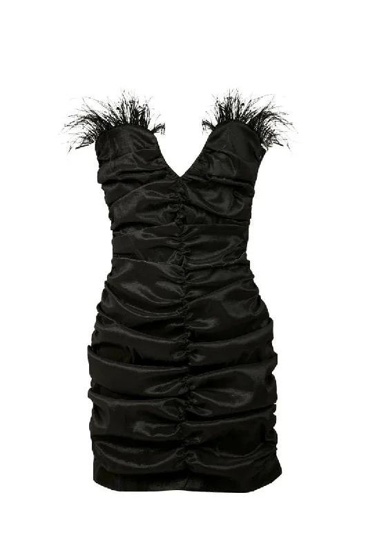 BLACK FEATHERED CORSET MINI DRESS Trendy Off-Shoulder Dress Mini