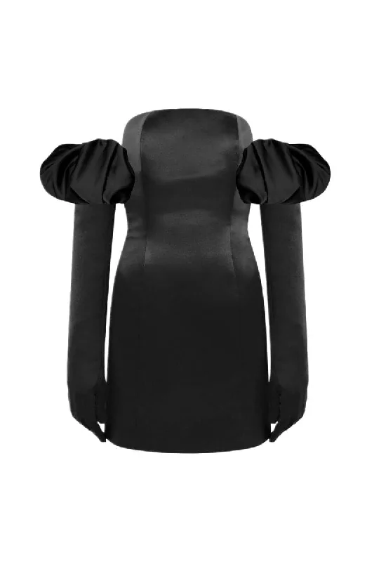 BLACK SATIN CUPID MINI DRESS, GLOVES & PUFFS Classic Black Mini Dress