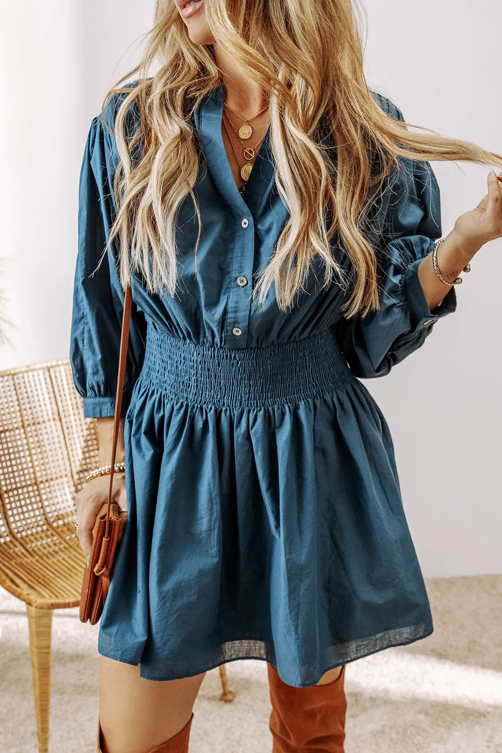 Blue Zone Planet |  Smocked Half Button Three-Quarter Sleeve Mini Dress Trendy Button-Detail Mini Dress