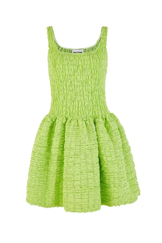 GREEN SLEEVELESS SHIRRED STRUCTURED MINI DRESS Chic Tropical Mini Dress