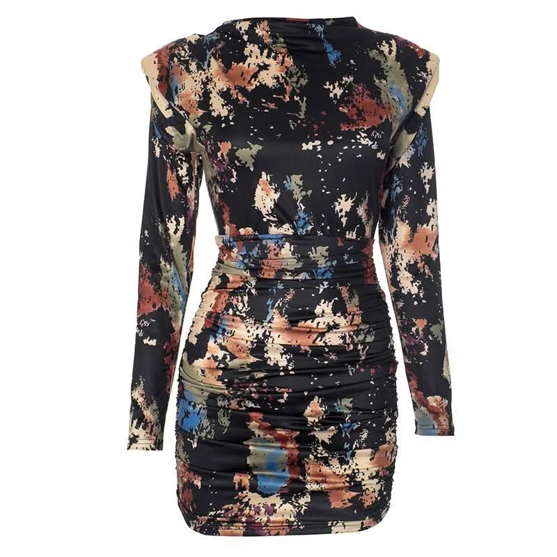 Long sleeve ruched tie dye print crewneck mini dress Stylish Sweetheart Mini Dress