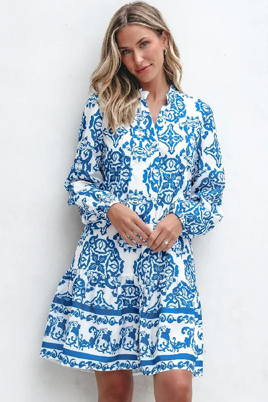 Blue Zone Planet |  Sky Blue Tribal Print Button Up Notch Neck Loose Mini Dress Trendy Button-Detail Mini Dress