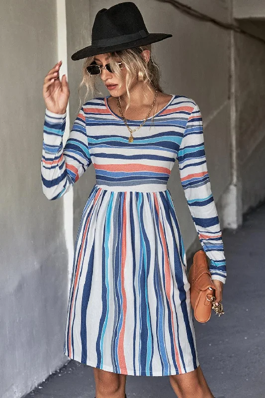 Striped Round Neck Long Sleeve Tee Mini Dress Fashionable Summer Mini Dress