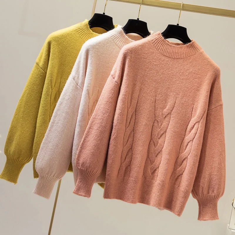 Cashmere Sweater Women Lantern Sleeve Casual Zippered Front Buttoned Front Snap Front
