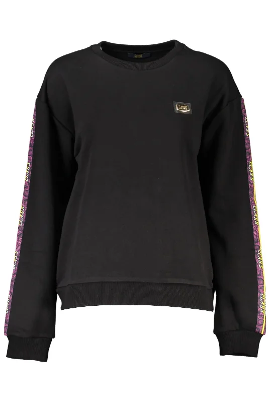Cavalli Class Black Cotton Women Sweater Beaded Sweater Sequined Faux Fur