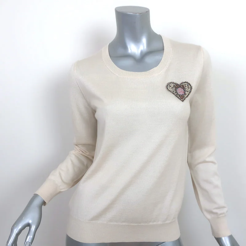 Christian Dior Beaded Heart Sweater Ivory Cashmere-Silk Size 40 Solid Color Striped Floral Print Christian Dior Beaded Heart Sweater Ivory Cashmere-Silk Size 40 Solid Color Striped Floral Print