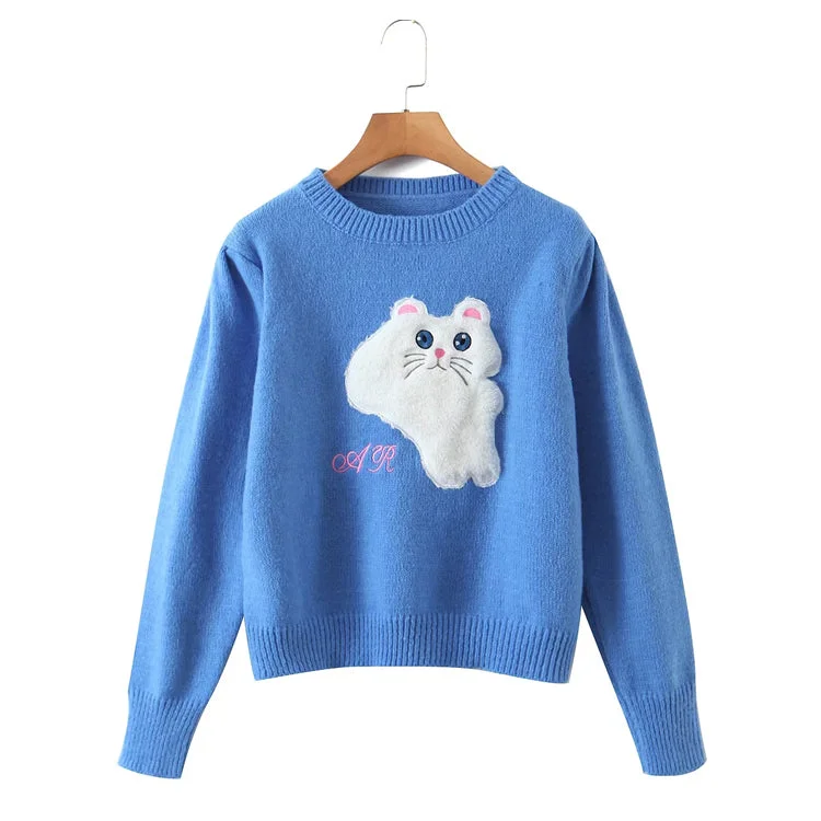 Crew neck Pullover cartoon cat loose sweater 7454 Fleece Fabric Down Fabric Feather Fabric Crew neck Pullover cartoon cat loose sweater 7454 Fleece Fabric Down Fabric Feather Fabric