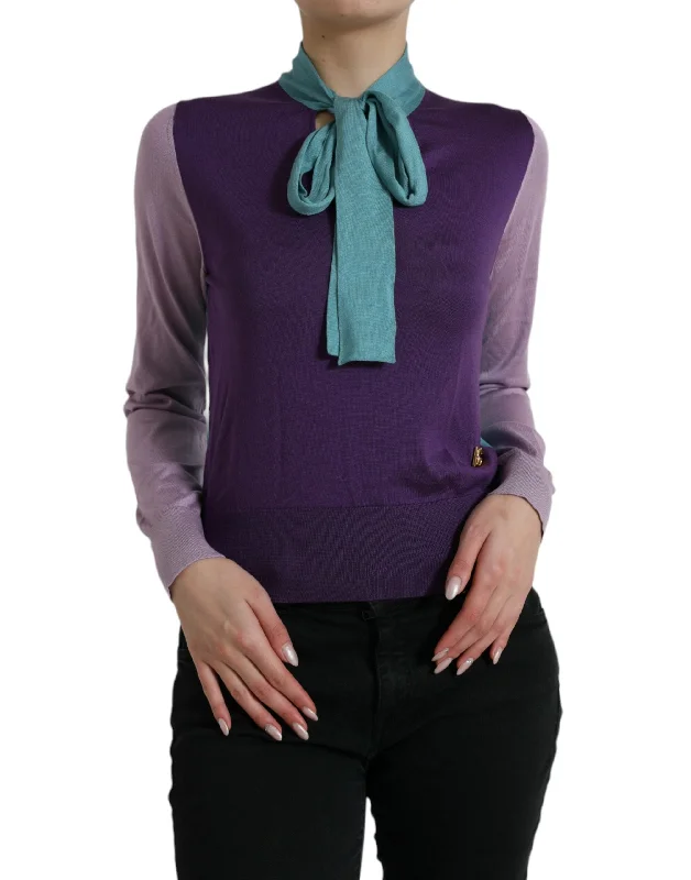 Dolce & Gabbana Multicolor Silk Pussy-bow Sweater Hooded Sweater Collared Sweater Shawl Collar Dolce & Gabbana Multicolor Silk Pussy-bow Sweater Hooded Sweater Collared Sweater Shawl Collar