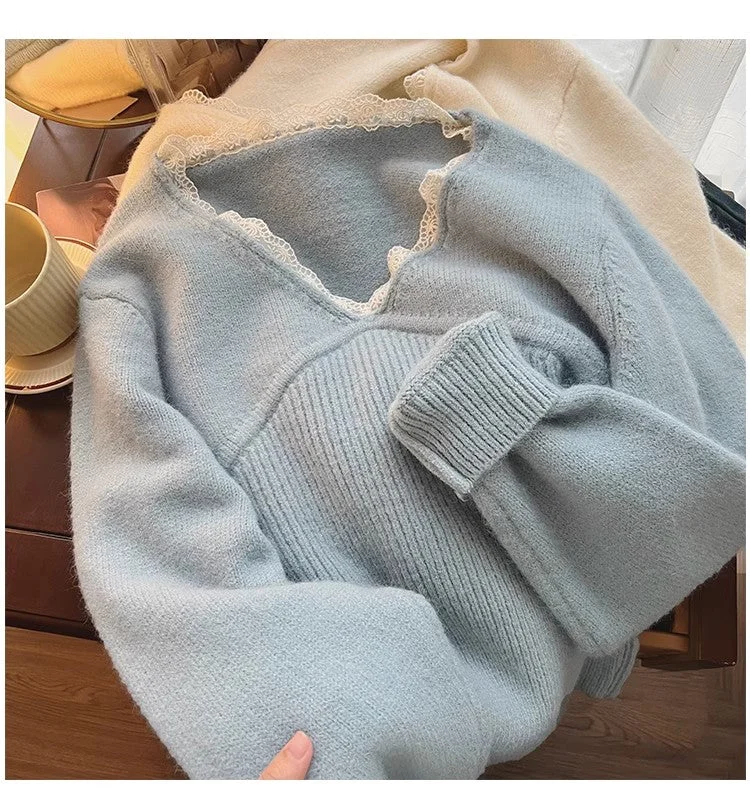 French lace V-neck sweater for women knitted shirt S4860 Lightweight Heavyweight Midweight French lace V-neck sweater for women knitted shirt S4860 Lightweight Heavyweight Midweight