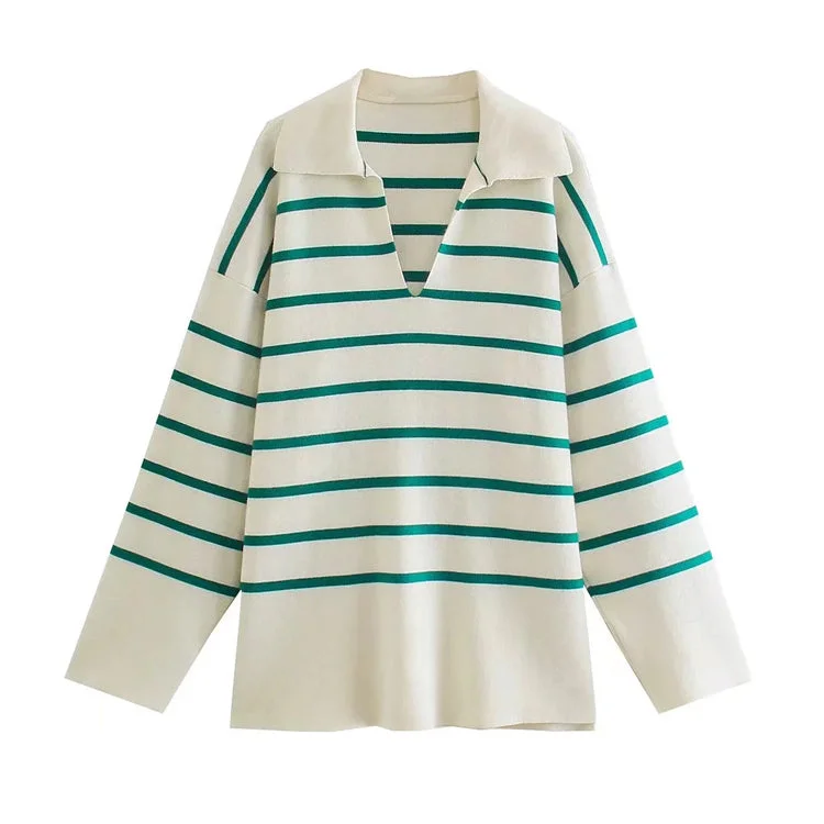 New loose Lapel stripe long sleeve sweater 7437 Cashmere Blend Cotton Blend Poly Blend New loose Lapel stripe long sleeve sweater 7437 Cashmere Blend Cotton Blend Poly Blend