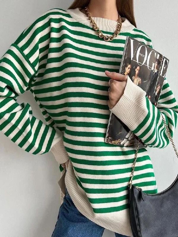 O Neck Vintage Striped Sweater Pullovers For Women Casual Loose Long Sleeves Jumpers Graphic Sweater Embroidered Appliqued O Neck Vintage Striped Sweater Pullovers For Women Casual Loose Long Sleeves Jumpers Graphic Sweater Embroidered Appliqued