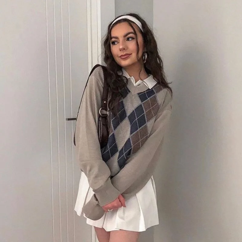 Argyle Sweater | Casual Streetwear | V Neck Long Sleeve Sweater | Women Plaid Knitted Pullover | Women Y2K Sweater | Pullover Jumper Sweater Polka Dot Checkered Tartan Argyle Sweater | Casual Streetwear | V Neck Long Sleeve Sweater | Women Plaid Knitted Pullover | Women Y2K Sweater | Pullover Jumper Sweater Polka Dot Checkered Tartan
