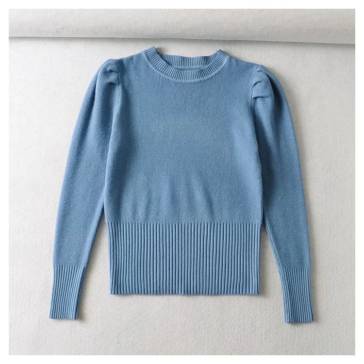 Round neck bubble sleeve elastic slim knit sweater 7444 Notch Collar Peter Pan Collar Cowl Neck Round neck bubble sleeve elastic slim knit sweater 7444 Notch Collar Peter Pan Collar Cowl Neck