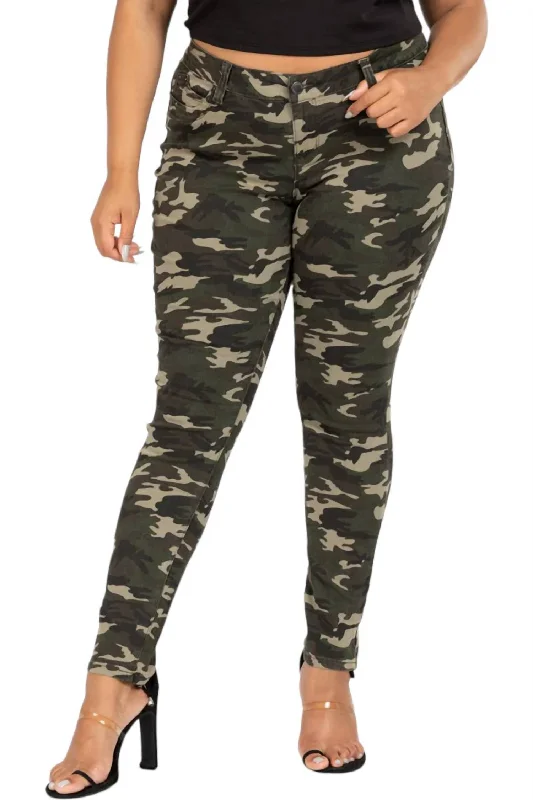 Skinny Jeans - Plus In Green Camo Trendy Flared Leg Jeans