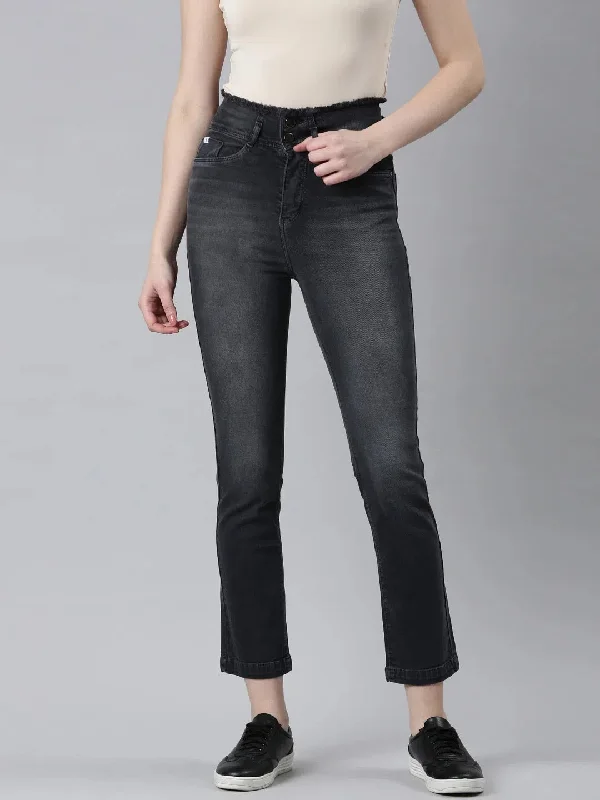 Women Black Solid Straight Fit Denim Jeans-IM-10659-Black Fashionable Frayed Hem Denim Women Black Solid Straight Fit Denim Jeans-IM-10659-Black Fashionable Frayed Hem Denim
