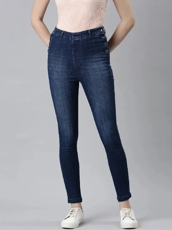 Women Navy Blue Solid Skinny Fit Denim Jeans-IM-10342-Navyblue Trendy Paperbag Waist Jeans Women Navy Blue Solid Skinny Fit Denim Jeans-IM-10342-Navyblue Trendy Paperbag Waist Jeans