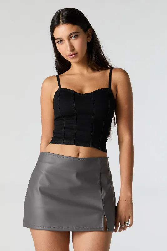 Faux-Leather Slit Mini Skort linen skirt breathable