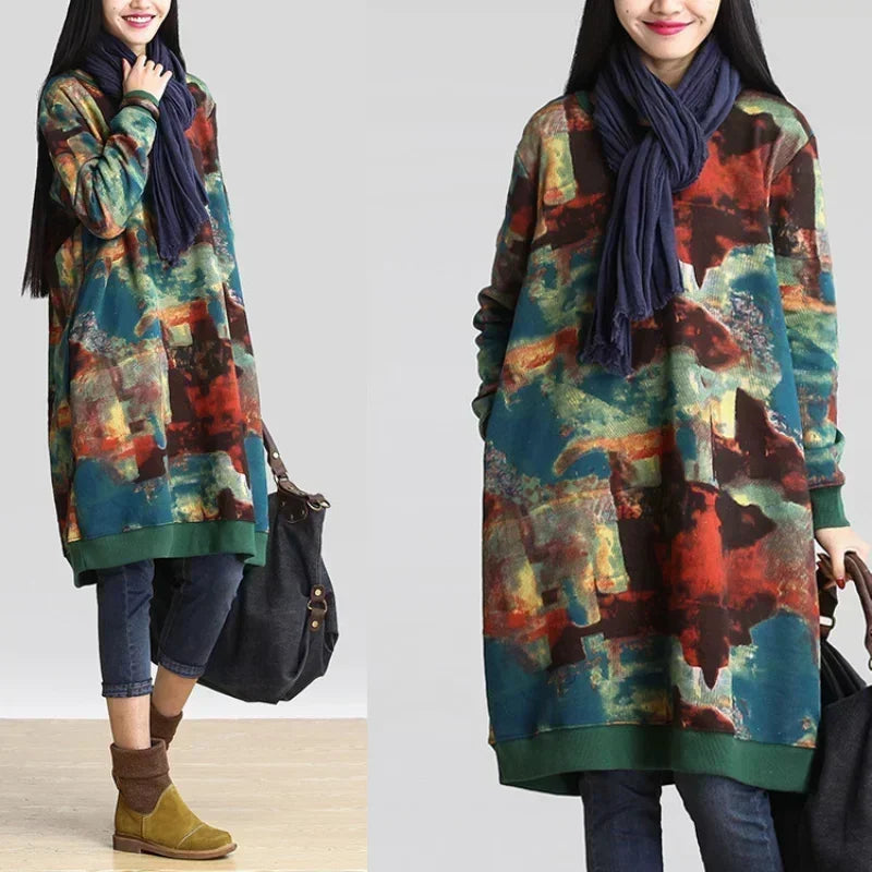 2024 Autumn Women Oversize Loose Sweatshirt Plus Size Warm Hoodie Pullover Top Vintage Retro Dresses Long Hoodies Dress Printed Hoodie with Slit Hem Functional Movement 2024 Autumn Women Oversize Loose Sweatshirt Plus Size Warm Hoodie Pullover Top Vintage Retro Dresses Long Hoodies Dress Printed Hoodie with Slit Hem Functional Movement