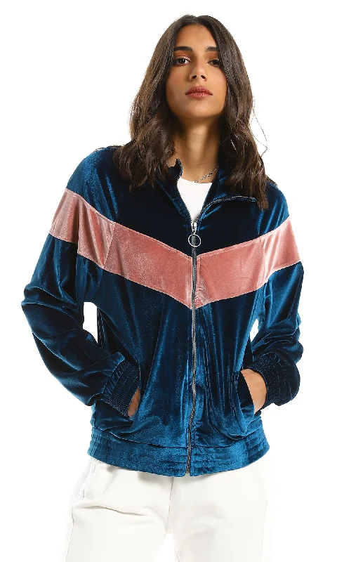 55170 Side Pockets Velvet Zipped Sweatshirt - Teal Blue & Nude Hoodie with Contrast Stitching Detailed Premium 55170 Side Pockets Velvet Zipped Sweatshirt - Teal Blue & Nude Hoodie with Contrast Stitching Detailed Premium