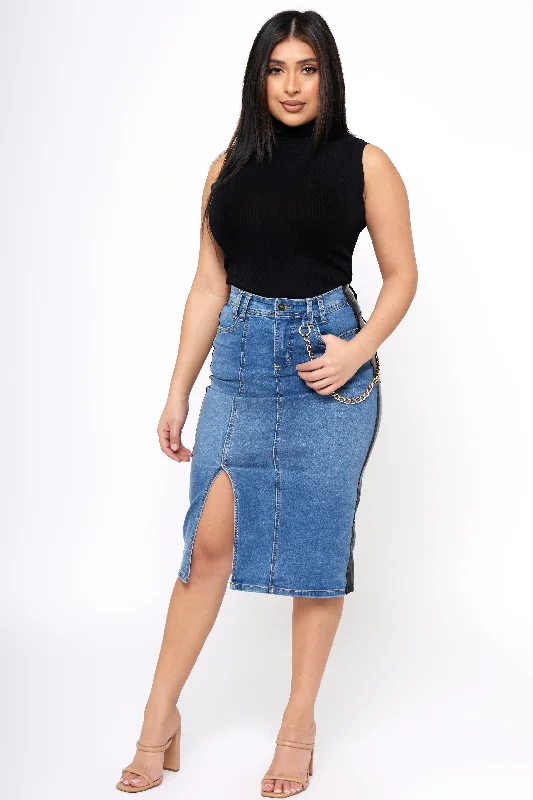 Bad Habits - Denim & Leather Midi Skirt lace skirt elegant