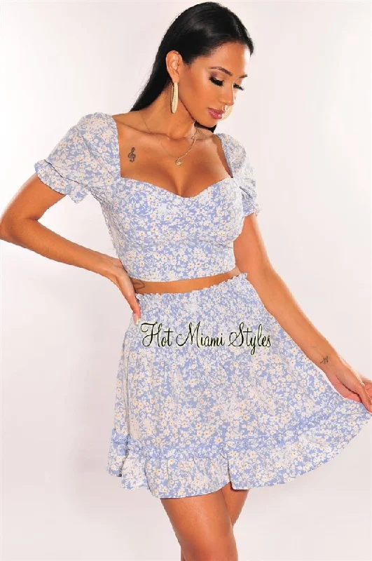 Blue Floral Print Padded Skirt Two Piece Set cashmere skirt fine