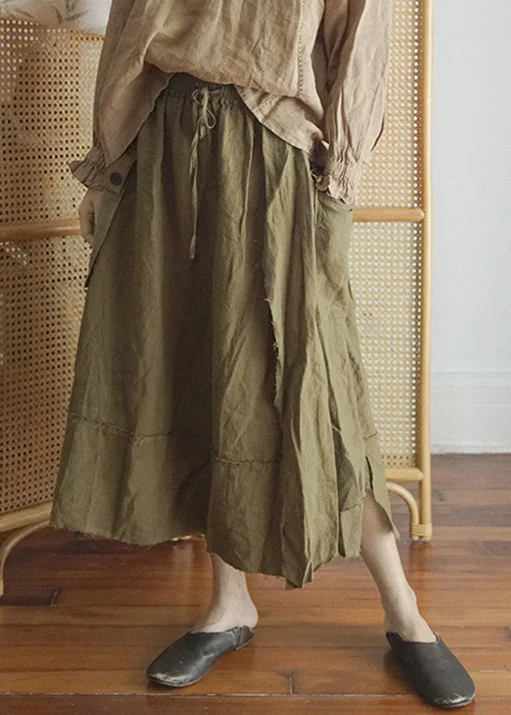 Fashion Green elastic waist drawstring Asymmetrical pocket Linen Skirt Spring wool skirt breathable