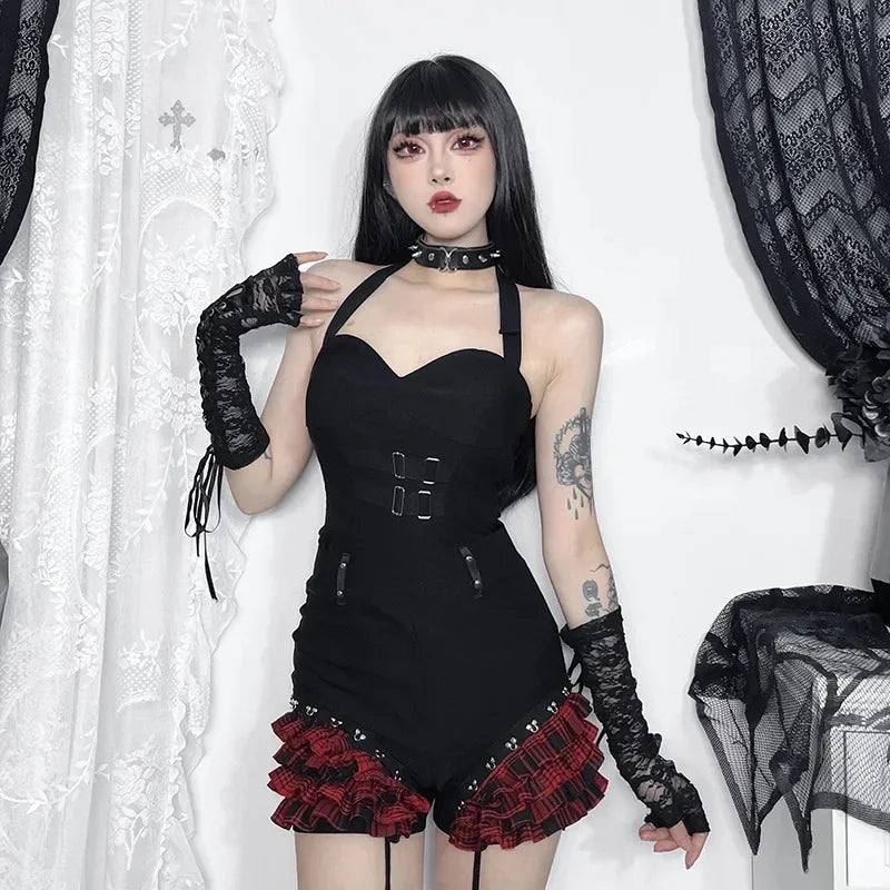 Gothic Summer 2024 New Arrival Landmine Series Plaid Patchwork Shorts Spicy Girl Halter Waist-Cinch Y2K Vest Skirt maxi skirt elegant