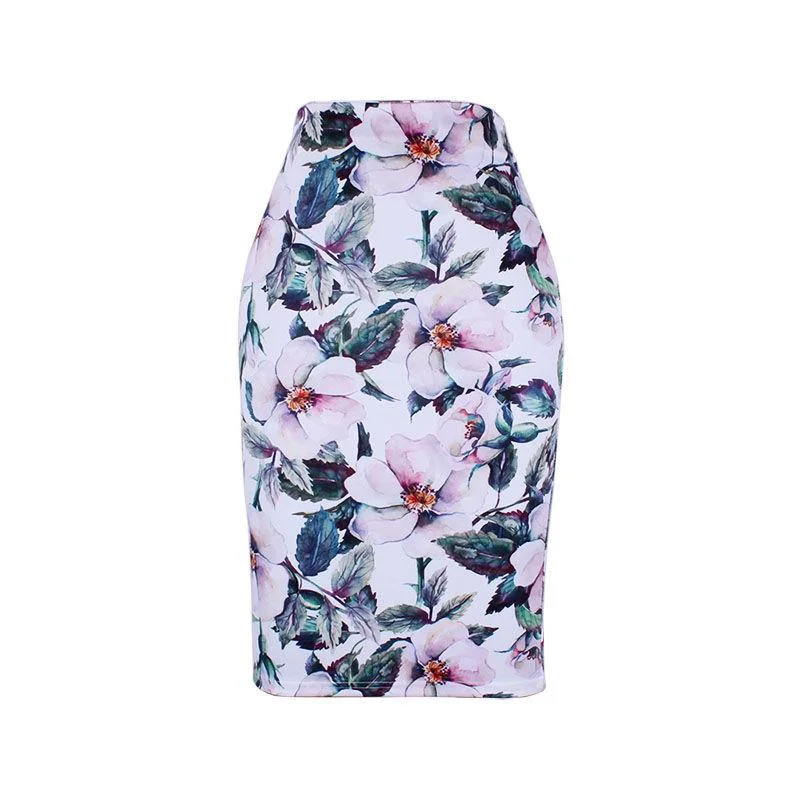 Female Vintage Floral Print Holiday Skirt High-waist Bag Hip Slim Knee-length Elegant Casual Skirt silk skirt smooth