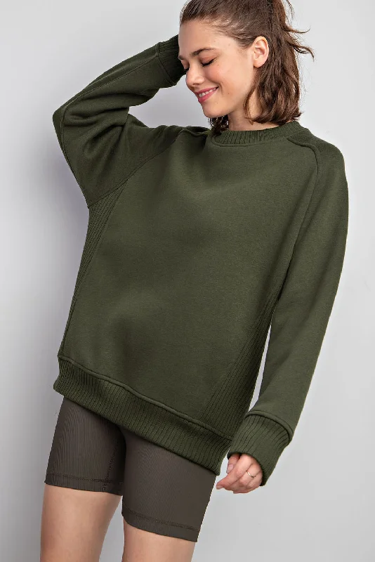 Fleece French Terry Crew Neck Sweatshirt- Army Green Hoodie with Hem Lace Feminine Delicate Fleece French Terry Crew Neck Sweatshirt- Army Green Hoodie with Hem Lace Feminine Delicate