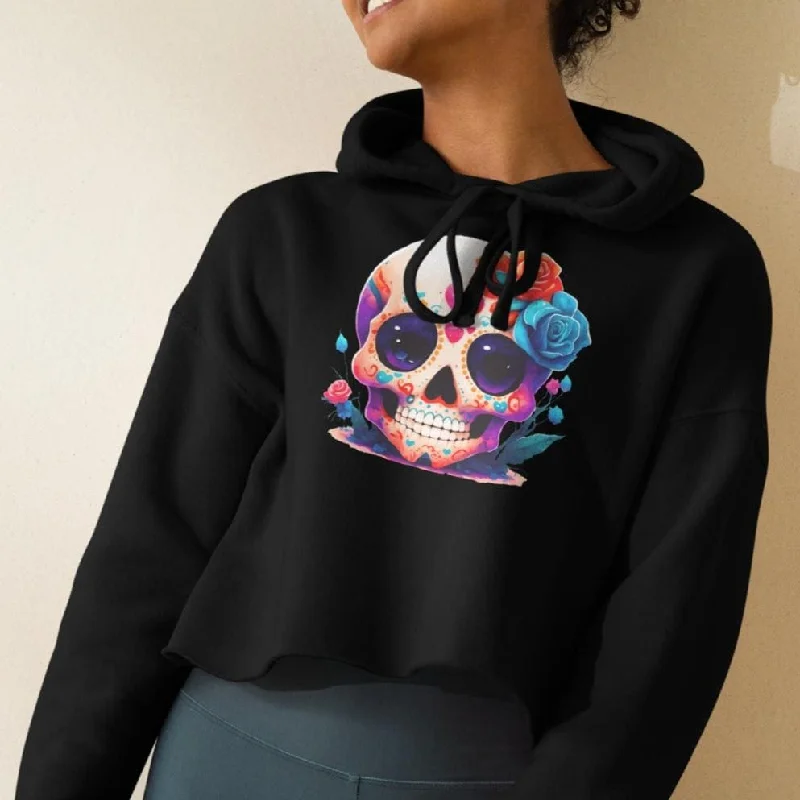 Get Ready to Rock With This Stylish Women's Skull Floral Long Sleeve Crop Hoodie! Hoodie with Velcro Closure Adjustable Secure Get Ready to Rock With This Stylish Women's Skull Floral Long Sleeve Crop Hoodie! Hoodie with Velcro Closure Adjustable Secure