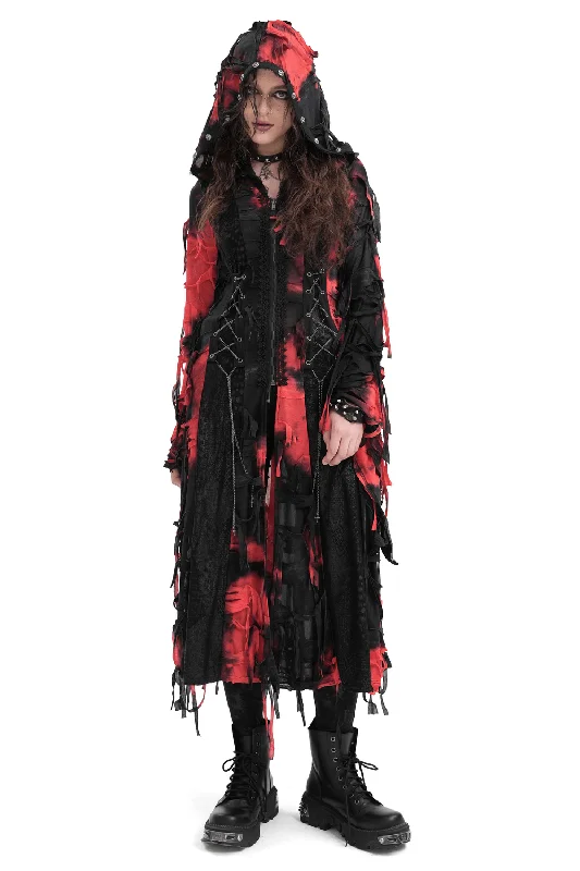Gothic Red and Black Hooded Shredded Long Cape Hoodie with Longline Fit Extended Stylish Gothic Red and Black Hooded Shredded Long Cape Hoodie with Longline Fit Extended Stylish