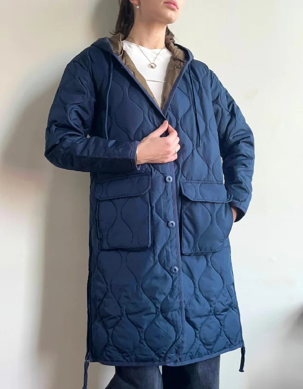 Military Hooded Long Down Coat in Dark Navy Hoodie with Slit Hem Functional Movement Military Hooded Long Down Coat in Dark Navy Hoodie with Slit Hem Functional Movement