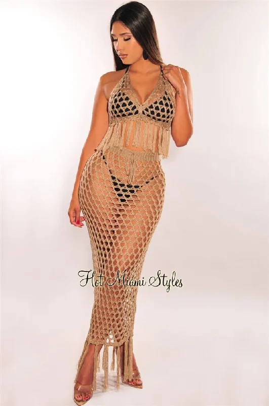 Mocha Crochet Halter Fringe Skirt Two Piece Set Cover Up button skirt front